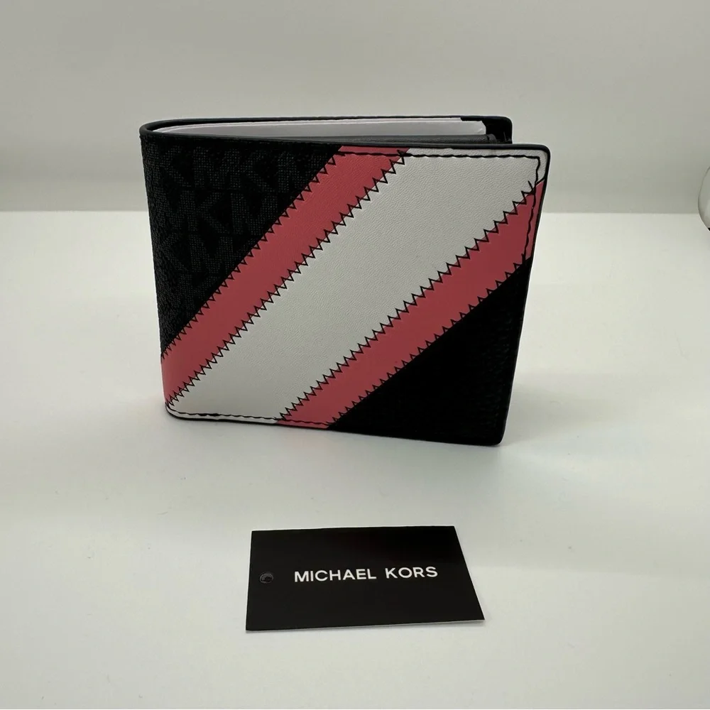 NWT Michael Kors | Cooper Logo and Striped Billfold Wallet in Black & Pink $178
